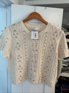 HYFVE Cream Beaded Cable-Knit Short Sleeve Sweater